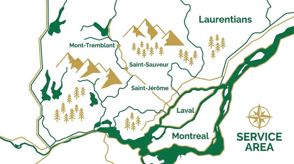 Carte des zones desservies Laurentides, Mont-Tremblant, Saint-Sauveur, Saint-Jérôme, Laval et Montréal par T.S.P Électricité